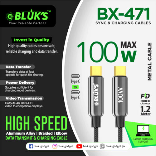BLUKS BX-471 100W USB-C to USB-C Braided Cable