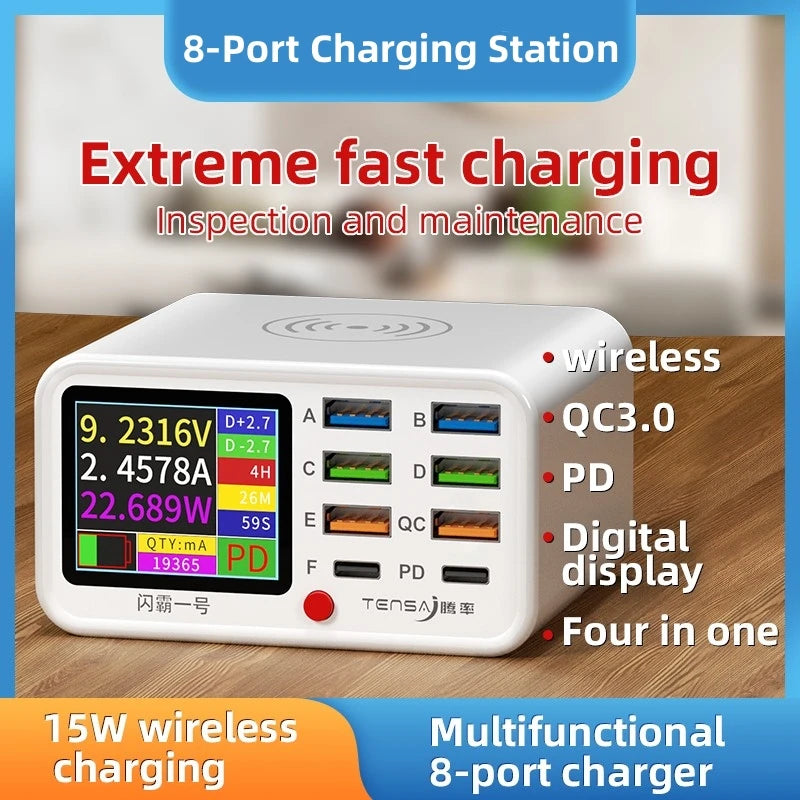 8-Port Smart Charging Station with Wireless Pad