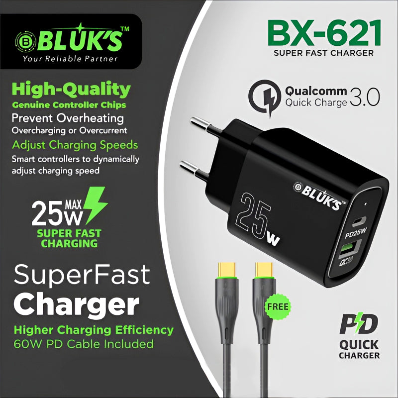 BLUKS BX-621 fast charger with Type-C PD cable