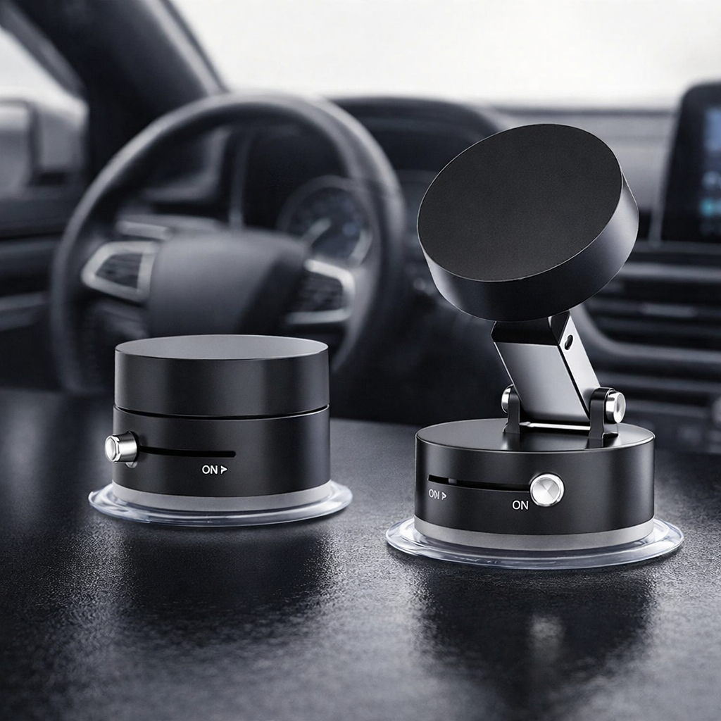 Retractable magnetic vacuum phone mount detail