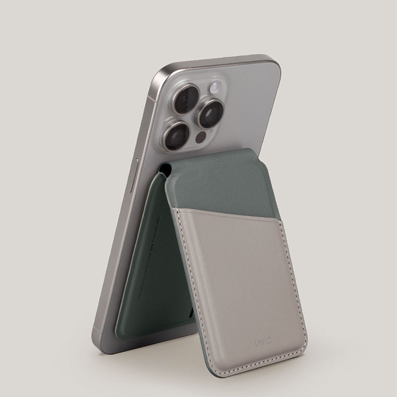 Uniq Lyden DS MagSafe-compatible wallet and stand, folded view